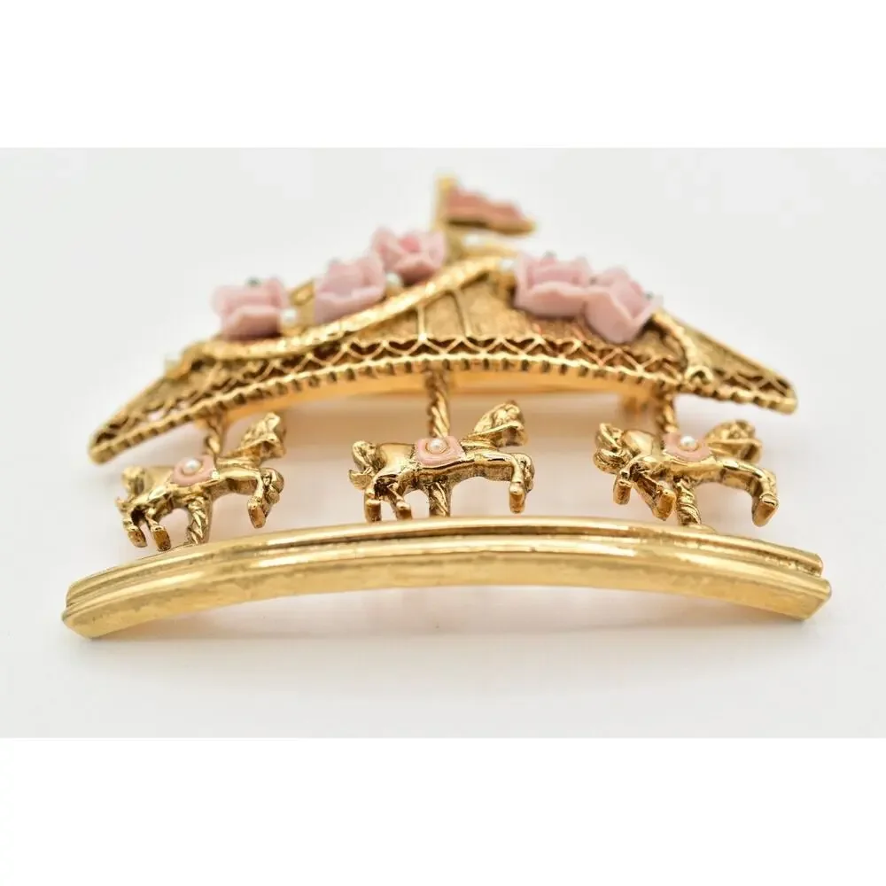 1928 Vintage Carousal Pin Brooch Horse Gold Pink Roses Romantic 1980s BinBG